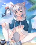  1girl absurdres animal_costume beach bloop_(gawr_gura) blue_eyes blue_hair blue_hoodie blue_nails breasts censored fins fish_tail gawr_gura gawr_gura_(1st_costume) grey_hair hair_ornament highres hololive hololive_english hood hoodie long_sleeves looking_at_viewer medium_hair midriff multicolored_hair nail_polish navel nekopurin_(nyanko_prin) ocean open_mouth shark_costume shark_girl shark_hair_ornament shark_tail small_breasts solo spread_legs stomach streaked_hair tail thighhighs virtual_youtuber 