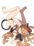  1girl absurdres aisaka_taiga alternate_costume animal_collar animal_ear_fluff animal_ears animal_hands armpits barefoot bell black_bra black_gloves black_panties black_tank_top blush bra breasts brown_eyes brown_hair cat_cutout cat_ears cat_lingerie chamchamshia closed_mouth clothing_cutout collar commentary_request fake_animal_ears fake_tail feet gloves hair_between_eyes highres legs long_hair looking_at_viewer lying meme_attire navel neck_bell on_back panties paw_gloves revision shadow sidelocks simple_background small_breasts solo spread_toes stomach tail tank_top thighhighs toenails toes toradora! underwear upside-down very_long_hair wavy_mouth white_background 