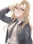  1girl black_jacket black_neckerchief blonde_hair blue_eyes bomber_jacket collared_shirt dress_shirt hair_between_eyes highres hornet_(kancolle) jacket kantai_collection long_hair neckerchief one-hour_drawing_challenge shirt simple_background solo upper_body white_background white_shirt wiwo 