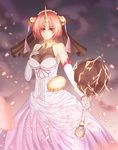  absurdres breasts brown_eyes cleavage elbow_gloves fate/apocrypha fate/grand_order fate_(series) frankenstein's_monster_(fate) gloves highres horn large_breasts looking_at_viewer petals pink_hair short_hair solo white_gloves yagyun 