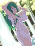  1girl arms_up bad_id bad_pixiv_id bathrobe blue_eyes blunt_bangs blunt_ends breasts commentary_request green_hair hands_up highres holding holding_towel ikzw long_hair looking_ahead open_mouth outdoors pretty_series pripara profile see-through small_breasts solo standing towel towel_on_head tsukikawa_chili two_side_up water waterfall wet wet_clothes wide_sleeves wiping 