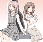  2girls bang_dream! bang_dream!_it&#039;s_mygo!!!!! brown_hair chihaya_anon closed_mouth commentary_request dress fang frilled_shirt frills gradient_background grey_dress grey_eyes grey_skirt holding holding_phone long_hair long_sleeves looking_at_another multiple_girls nagasaki_soyo off-shoulder_shirt off_shoulder open_mouth phone pinafore_dress pink_background pink_hair plaid plaid_dress rindesugesu shirt sitting skirt sleeveless sleeveless_dress smile white_background white_shirt 