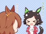  &gt;_&lt; 2girls :d animal_ears bandaid bandaid_on_cheek bandaid_on_face black_hair blue_background blush_stickers brown_hair chibi closed_eyes gomashio_(goma_feet) hair_ornament hairclip horse_ears horse_girl horse_tail long_sleeves multiple_girls narita_taishin_(umamusume) polka_dot polka_dot_background simple_background sleeves_past_wrists smile snow swept_bangs tail translation_request umamusume winning_ticket_(umamusume) xd 