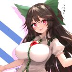  1girl absurdres black_hair blush bow breasts buttons collared_shirt frilled_sleeves frills green_bow hair_between_eyes hair_bow highres large_breasts long_hair looking_at_viewer open_mouth red_eyes reiuji_utsuho shirt short_sleeves smile solo sugar_you third_eye touhou upper_body white_shirt 