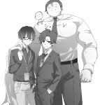  4boys 5boys ^_^ blue_archive blue_archive_the_animation closed_eyes clothes_writing collared_shirt doodle_sensei_(blue_archive) glasses greyscale hand_in_pocket highres id_card jacket looking_at_viewer male_focus momomatang monochrome multiple_boys multiple_persona muscular muscular_male necktie on_shoulder pants problem_solver_sensei_(blue_archive) sensei_(blue_archive) sensei_(blue_archive_the_animation) shirt simple_background smile 