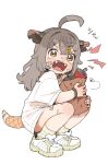  1girl absurdres ahoge animal_ears bag bandaid bandaid_on_face brown_eyes brown_hair crying crying_with_eyes_open frown growling highres long_hair looking_at_viewer macci_(opossumachine) open_mouth opossumachine original paper_bag possum_ears possum_girl possum_tail shirt shoes short_sleeves simple_background sneakers solo tears white_footwear white_shirt 