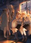  absurdres animal_ear_fluff animal_ears arknights black_bow blemishine_(arknights) blonde_hair bow closed_eyes demon_horns dress extra_ears highres holding_hands horns horse_ears horse_girl horse_tail long_hair nightingale_(arknights) pointy_ears ruka_(nekokujo_red) school_uniform shining_(arknights) tail train_interior very_long_hair whislash_(arknights) white_dress window yuri 