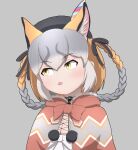  1girl animal_ears brown_hair cape dress extra_ears fox_ears fox_girl grey_background grey_hair hat hat_feather highres island_fox_(kemono_friends) kemono_friends kemono_friends_v_project long_hair rest_in_muni ribbon simple_background solo sundress tongue virtual_youtuber yellow_eyes 