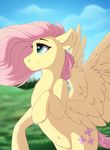  blue_eyes cutie_mark day equine feathered_wings feathers female feral fluttershy_(mlp) friendship_is_magic fur hair hooves mammal my_little_pony navel outside pegasus pink_hair silentwulv sky solo wings yellow_feathers yellow_fur 