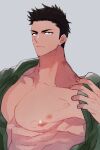  1boy abs alternate_pectoral_size ao_isami bara bare_pectorals black_hair expressionless hickey highres implied_yaoi large_pectorals llld_(2ldk1241) looking_at_viewer male_focus muscular muscular_male nipples pectorals solo thick_eyebrows tsurime undressing yuuki_bakuhatsu_bang_bravern 