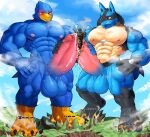 absurd_res anthro avian balls big_balls big_penis bird blue_body blue_fur blush bodily_fluids canid canine city cloud destruction digitigrade duo erection explosion falco_lombardi frottage fur generation_4_pokemon genital_fluids genitals giga hi_res huge_balls huge_penis landscape_dwarfing lucario macro macro_on_macro male male/male mammal mayar muscular muscular_anthro muscular_male nintendo nipples pecs penile penis pokemon pokemon_(species) precum sex smile smoke spines star_fox stomping tail