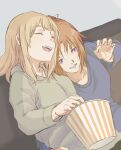  2girls arm_around_waist blonde_hair blue_shirt brown_hair closed_eyes commentary_request couch cuddling curryisfriend food grey_hair grey_sweater hand_on_another&#039;s_shoulder hand_on_another&#039;s_waist hibike!_euphonium highres holding holding_food indoors laughing liz_to_aoi_tori long_hair long_sleeves multiple_girls nakagawa_natsuki on_couch open_mouth popcorn purple_eyes shirt simple_background sitting smile sweater yoshikawa_yuuko yuri 