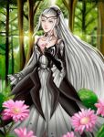  black_choker black_dress black_gloves black_tiara blue_eyes choker dress earrings eir_(fire_emblem) fire_emblem fire_emblem_heroes flower forest frilled_sleeves frills gloves jewelry long_hair long_sleeves nature ponytail schereas sidelocks tiara tree white_dress white_hair 