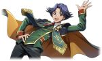  1boy arm_up artist_request black_eyes black_pants blue_hair buttons cape code_geass code_geass:_lost_stories cowboy_shot cropped_legs double-breasted dutch_angle feather_trim flower formal game_cg green_jacket hair_intakes hand_on_own_hip happy highres jacket male_focus medal necktie non-web_source official_art open_mouth orange_cape orange_flower pants red_necktie rivalz_cardemonde short_hair short_necktie simple_background smile solo standing teeth transparent_background waving white_flower 
