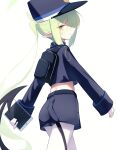  1girl ass bad_anatomy bad_face black_hat black_jacket black_shorts black_tail blue_archive blush closed_mouth cowboy_shot demon_tail gloves green_hair green_halo halo hat highlander_twintails_conductor_(blue_archive) highres jacket long_hair long_sleeves makolas97 pantyhose peaked_cap pointy_ears shorts simple_background smile solo tail twintails white_background white_gloves white_pantyhose yellow_eyes 