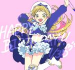  1girl blonde_hair blue_shirt blue_skirt blush crop_top earrings gacho_p green_eyes happy_birthday hat idolmaster idolmaster_cinderella_girls jewelry jougasaki_rika jumping long_hair looking_at_viewer open_mouth shirt skirt smile solo 