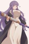  1girl absurdres ang_styles black_robe blunt_bangs blunt_ends blush breasts collar dress feet_out_of_frame fern_(sousou_no_frieren) frilled_collar frills full_body heart highres holding holding_wand large_breasts long_dress long_hair looking_at_viewer off_shoulder purple_eyes purple_hair purple_ribbon ribbon robe sidelocks simple_background smile solo sousou_no_frieren standing tight_clothes tight_dress wand white_background white_dress 