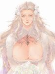  1girl blue_eyes bouquet breasts cleavage cleavage_cutout clothing_cutout commentary dress final_fantasy final_fantasy_xiv flower gusty10rk hair_flower hair_ornament highres holding holding_bouquet huge_breasts long_hair looking_at_viewer solo upper_body venat_(ff14) wedding_dress white_hair 