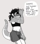 2018 anthro blush bodily_fluids bottomwear bra clothed clothing dialogue embarrassed english_text eyewear female fully_clothed genital_fluids glasses greyscale hair hi_res humanoid_hands humiliation male_(lore) monochrome navel omorashi polychaete_(artist) ponytail skirt solo sweat tail text underwear urine wet wet_clothing wetting worm