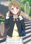  1girl absurdres bag black_jacket blue_bag blurry blurry_background blush bob_cut closed_mouth collared_shirt commentary_request grey_hair highres jacket long_sleeves looking_at_viewer love_live! love_live!_nijigasaki_high_school_idol_club nakasu_kasumi neck_ribbon nijigasaki_academy_school_uniform plaid plaid_skirt red_eyes ribbon school_bag school_uniform shinonome_sakura shirt short_hair skirt smile solo speech_bubble standing swept_bangs translation_request upper_body vest white_shirt white_skirt winter_uniform yellow_ribbon yellow_vest 