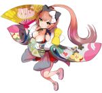  1girl animal_ears bow breasts cat_ears cleavage closed_mouth fake_animal_ears floating_clothes floral_print folding_fan hand_fan hello_kitty hello_kitty_(character) hello_kitty_print holding holding_fan japanese_clothes kimono lips looking_at_viewer nekomura_iroha nekomura_iroha_(vocaloid4) official_art okama pink_hair print_kimono sanrio side_ponytail smile solo third-party_source vocaloid white_bow yellow_bow yellow_eyes 