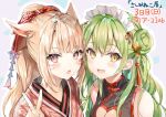  2girls :d :o animal_ears bare_shoulders blonde_hair blush breasts chinese_clothes cleavage_cutout clothing_cutout double_bun facial_mark final_fantasy final_fantasy_xiv green_hair hair_between_eyes hair_bun hand_up heart_cutout japanese_clothes kimono long_hair looking_at_viewer maid_headdress miqo&#039;te momoko_(momopoco) multiple_girls open_mouth outline ponytail raised_eyebrows red_eyes red_tassel simple_background smile tassel upper_body v whisker_markings white_outline yellow_eyes yukari_(momoko) 