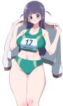  1girl bare_shoulders black_hair blue_eyes blunt_bangs breasts commentary_request highres isanainusa jacket large_breasts long_hair looking_at_viewer navel shoujo_kageki_revue_starlight sleeveless solo sports_bikini stomach thick_thighs thighs track_uniform tsuyuzaki_mahiru two_side_up white_background 
