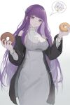  2girls absurdres bare_shoulders black_robe blush breasts collar commentary cowboy_shot doughnut dress elf fern_(sousou_no_frieren) food frilled_collar frills green_eyes grey_hair hands_up heart high_collar highres holding holding_doughnut holding_food large_breasts long_hair long_sleeves multiple_girls off_shoulder pancake-haluka pointy_ears pout purple_eyes purple_hair robe simple_background sleeveless sleeveless_dress sousou_no_frieren spoken_character very_long_hair white_background white_dress wristband 
