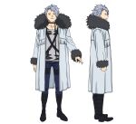  1boy belt black_belt black_choker black_footwear blue_pants choker coat from_side full_body fur-trimmed_collar fur-trimmed_jacket fur-trimmed_sleeves fur_collar fur_trim grey_hair jacket long_sleeves male_focus official_art pants parted_lips profile reference_sheet short_hair sousou_no_frieren straight-on transparent_background white_coat wirbel_(sousou_no_frieren) 