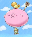  1girl animal_crossing bell blue_sky blush_stickers closed_eyes dog_tail furry furry_female gloves gyroid_(animal_crossing) hair_bell hair_ornament isabelle_(animal_crossing) kicdon king_dedede kirby kirby&#039;s_dream_land kirby_(series) open_mouth pom_pom_(clothes) sky super_smash_bros. swing tail yellow_gloves 