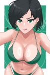  1girl absurdres alternate_breast_size animification bikini black_hair border breasts collarbone english_commentary green_background green_bikini green_eyes hair_behind_ear highres itsmealvi large_breasts leaning_forward licking_lips looking_at_viewer navel outside_border short_hair smile solo swimsuit tongue tongue_out v-shaped_eyebrows valorant viper_(valorant) white_border 