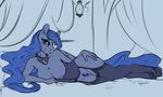  2015 anthro anthrofied big_breasts blue_eyes blue_feathers blue_hair breasts clothed clothing cutie_mark equine feathered_wings feathers female friendship_is_magic hair horn huge_breasts long_hair looking_at_viewer lying mammal my_little_pony nipples phathusa princess_luna_(mlp) pussy smile solo winged_unicorn wings 
