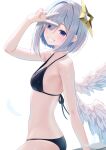  1girl amane_kanata angel angel_wings bare_shoulders bikini black_bikini blue_hair blush breasts colored_inner_hair commentary_request cowboy_shot feathered_wings grey_hair grin hair_ornament halo halterneck hand_up highres hololive looking_at_viewer multicolored_hair pink_hair purple_eyes short_hair simple_background single_hair_intake small_breasts smile solo standing star_halo streaked_hair string_bikini swimsuit tataki_worker v virtual_youtuber white_background wings 
