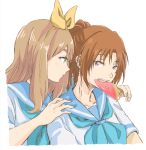  2girls blue_neckerchief blue_sailor_collar bow_hairband brown_hair closed_mouth commentary_request curryisfriend fang food fruit green_eyes hairband hand_on_another&#039;s_shoulder hibike!_euphonium holding holding_food light_brown_hair liz_to_aoi_tori long_hair multiple_girls nakagawa_natsuki neckerchief purple_eyes sailor_collar school_uniform serafuku shirt short_sleeves simple_background watermelon watermelon_slice white_background white_shirt yellow_hairband yoshikawa_yuuko 