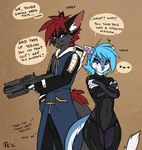  ... 2016 angry anthro blue_fur blue_hair blush bodysuit breasts canine cat clothed clothing dialogue digital_media_(artwork) duo english_text feline female fluff-kevlar frown fur gun hair holding_object holding_weapon hybrid inner_ear_fluff male mammal multicolored_fur nytro purple_eyes ranged_weapon red_hair scar simple_background sketch skinsuit smile speech_bubble standing teeth text tight_clothing trigger_discipline two_tone_fur vikna weapon white_fur 
