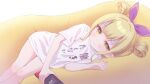  1girl blonde_hair blush chitosezaka_suzu closed_mouth clothes_writing commentary_request commission copyright_request double_bun feet_out_of_frame hair_bun hair_ribbon hand_up highres holding looking_at_viewer lying nintendo_switch on_side purple_ribbon ribbon shirt short_sleeves sidelocks skeb_commission solo sweat white_background white_shirt yellow_eyes 