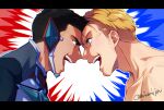  2boys ao_isami black_hair blonde_hair clothed_male_nude_male contrast couple facial_hair forehead-to-forehead heads_together highres lewis_smith male_focus multiple_boys nikami_jin noses_touching nude open_mouth portrait sideburns_stubble solid_beard stubble thick_eyebrows v-shaped_eyebrows yaoi yuuki_bakuhatsu_bang_bravern 