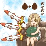  ^_^ absurdres blonde_hair blush bomb child closed_eyes couch explosive hair_ornament heaven_burns_red highres holding kayamori_ruka marihei64ds missile open_mouth short_hair sitting weapon 