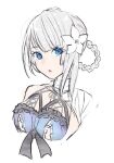  1girl blue_eyes breasts cropped_torso flower grey_hair hair_flower hair_ornament kaine_(nier) lingerie looking_at_viewer lunar_tear medium_breasts nier nier_(series) nora_(salatto) parted_lips simple_background sketch solo underwear upper_body white_background white_flower 