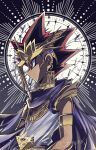  1boy ankh atem black_hair blonde_hair blue_cape cape dark-skinned_male dark_skin earrings egyptian_clothes from_side highres jewelry male_focus millennium_puzzle multicolored_hair red_eyes red_hair shiroi_1108 solo twitter_username two-tone_hair upper_body yu-gi-oh! yu-gi-oh!_duel_monsters 