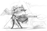  2017 anthro baron_engel breasts clothing female force_field friendship_is_magic greyscale gun hi_res levitation machine_gun magic mammal melee_weapon monochrome my_little_pony princess_luna_(mlp) ranged_weapon simple_background solo sword traditional_media_(artwork) weapon white_background wings 