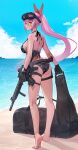  anklet ass assault_rifle bag barefoot beach bikini black_bag black_bikini blue_sky breasts cleavage cloud commentary_request crescent crescent_earrings day duffel_bag earrings goggles goggles_on_head gun handgun highres holding holding_flippers holding_gun holding_weapon jewelry large_breasts long_hair looking_back original pink_hair pointy_ears ponytail ranyu red_ribbon ribbon rifle sand sky swimsuit very_long_hair watch water weapon weapon_request wristwatch yellow_eyes 