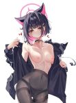  1girl animal_ears black_choker black_hair black_jacket black_pantyhose blue_archive blush breasts cat_ears choker closed_mouth collarbone colored_inner_hair cowboy_shot extra_ears hair_ornament hairclip halo heart highres huuuuu_(ddakji79) jacket kazusa_(blue_archive) long_sleeves medium_breasts multicolored_hair navel nipples no_bra open_clothes open_jacket panties panties_under_pantyhose pantyhose pink_hair pink_halo red_eyes short_hair simple_background solo underwear white_background 