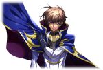  1boy adjusting_cape adjusting_clothes arm_at_side artist_request black_gloves black_shirt blue_cape cape closed_mouth coat code_geass code_geass:_lost_stories cropped_torso game_cg gloves gold_trim green_eyes hand_up high_collar highres jacket kururugi_suzaku long_sleeves looking_at_viewer male_focus military_uniform non-web_source official_art serious shirt sidelocks simple_background solo standing transparent_background two-sided_cape two-sided_fabric uniform upper_body v-shaped_eyebrows white_coat white_jacket 