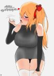  absurdres breasts detached_sleeves fellatio_gesture girls&#039;_frontline heart heart-shaped_pupils highres kalina_(girls&#039;_frontline) korean_text large_breasts looking_at_viewer motion_lines orange_hair ribbed_sweater sexually_suggestive shadytown sweater symbol-shaped_pupils tongue tongue_out 