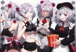  4girls abs absurdres alternate_costume alternate_hairstyle armor braid breasts chicken_nuggets cleavage dress flower food fried_chicken genshin_impact green_eyes grey_hair gym_uniform hair_flower hair_ornament highres holding holding_flower holding_food kfc maid maid_headdress multiple_girls muscular muscular_female noelle_(genshin_impact) noelle_(kfc)_(genshin_impact) open_mouth red_flower red_rose rose short_hair sic_lazy_jung smile sportswear 