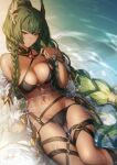  1girl bare_shoulders bikini black_bikini braid braided_ponytail genyaky green_hair hair_ornament hand_up long_hair looking_at_viewer navel original partially_submerged signature solo stomach swimsuit thigh_strap thighs very_long_hair water wet 