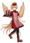  animal_on_head apron bird bird_on_head bird_tail bird_wings black_pantyhose blonde_hair brown_footwear bucket_of_chicken chicken_(food) closed_mouth commentary_request dress employee_uniform fast_food fast_food_uniform feathered_wings food fried_chicken highres holding holding_tray majime_joe niwatari_kutaka on_head pantyhose red_apron red_dress red_eyes red_hair short_sleeves simple_background smile striped_apron striped_clothes tail tray uniform vertical-striped_apron vertical-striped_clothes white_apron white_background wings yellow_tail yellow_wings 
