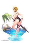  ahoge ass blonde_hair breasts company_name dare_ga_tame_no_alchemist eyebrows_visible_through_hair flower grants_(dare_ga_tame_no_alchemist) hairband leg_up medium_breasts official_art palm_tree petals sheath sheathed short_hair solo swimsuit swimsuit_pull sword tree tropical water weapon wet wet_clothes wet_hair wet_swimsuit yellow_eyes 