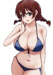 1girl :d absurdres aqua_eyes arm_at_side bare_arms bikini blue_bikini blush braid breasts brown_hair cleavage collarbone commentary_request cowboy_shot emma_verde hair_between_eyes highres large_breasts looking_at_viewer love_live! love_live!_nijigasaki_high_school_idol_club navel open_mouth pisagi short_twintails sidelocks simple_background smile solo standing swimsuit twin_braids twintails white_background 
